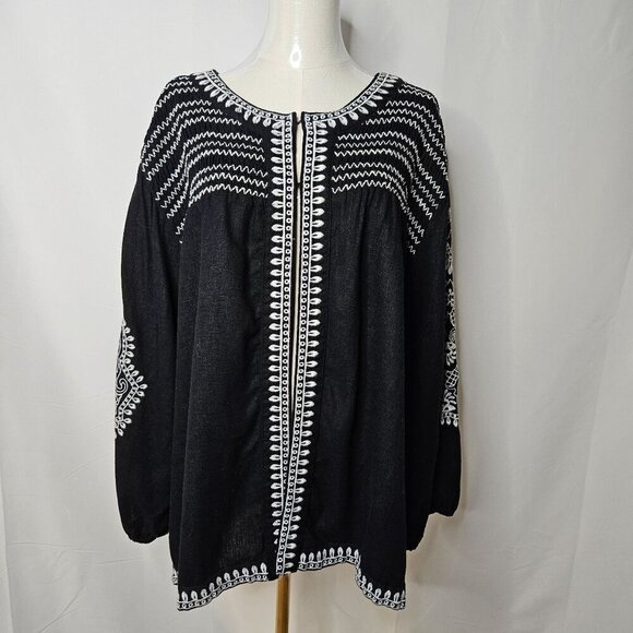 Beautiful By Lawrence Zarian 4X B & W Embroidered Boho Cardigan Jacket Linen - Picture 2 of 12